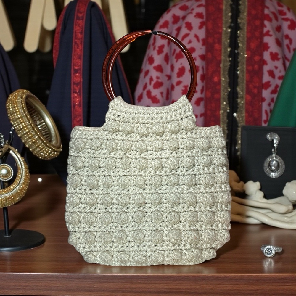Vintage Macrame BoHo Crochet Handmade Beige Handbag Brown‎ Pastic Loop Handles